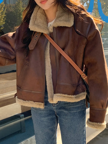 Airchics court manteau aviateur doublé polaire suedine fermeture éclair col revers femme mode café